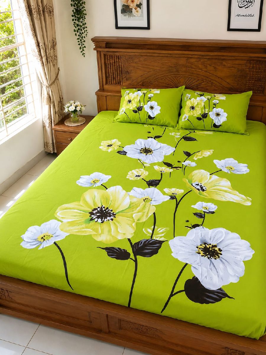 Premium Cotton Floral Bedsheet – Green Bloom Design | Munia's Collection 2