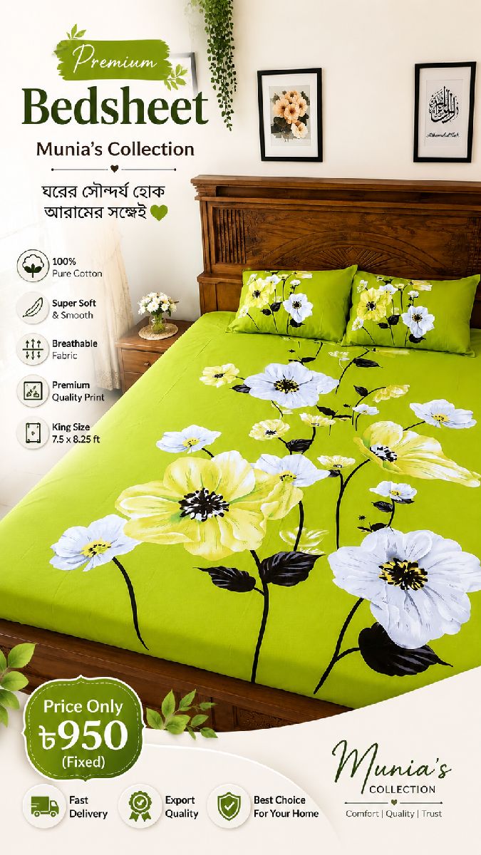 Premium Cotton Floral Bedsheet – Green Bloom Design | Munia's Collection