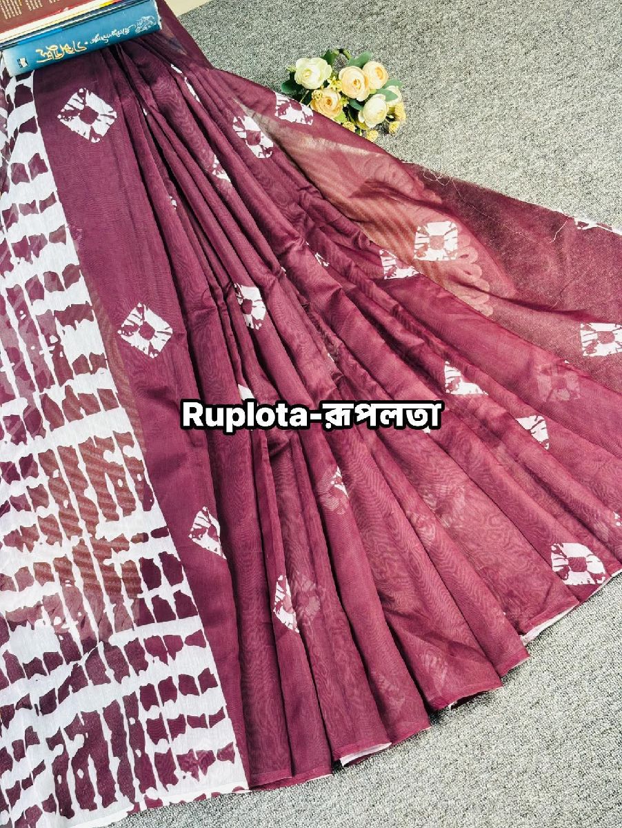 গোলাপি–ক্রিম প্রিন্টেড সুতি শাড়ি 2