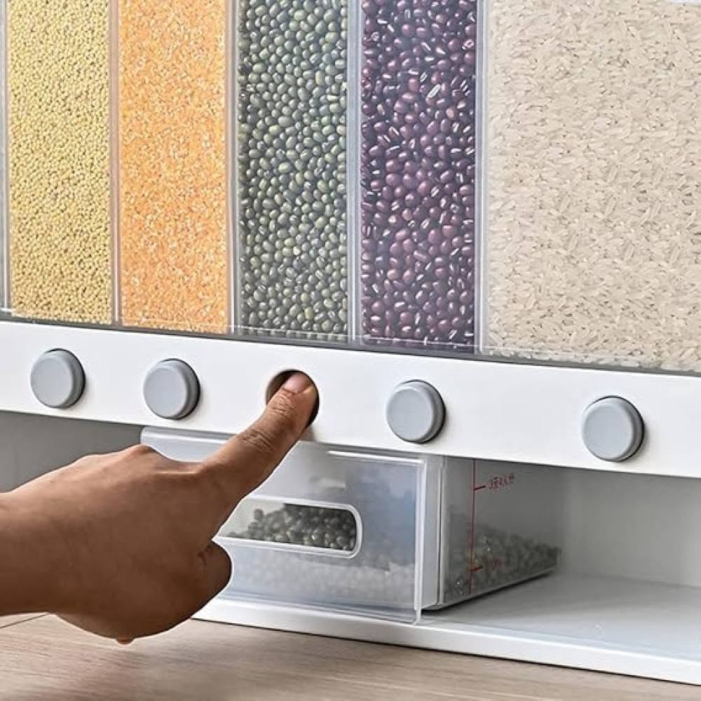 10L Wall Mounted Separate Rice Bucket Cereal Dispenser Moisture Proof Plastic Automatic Racks Sealed Metering Food Storage Box.
