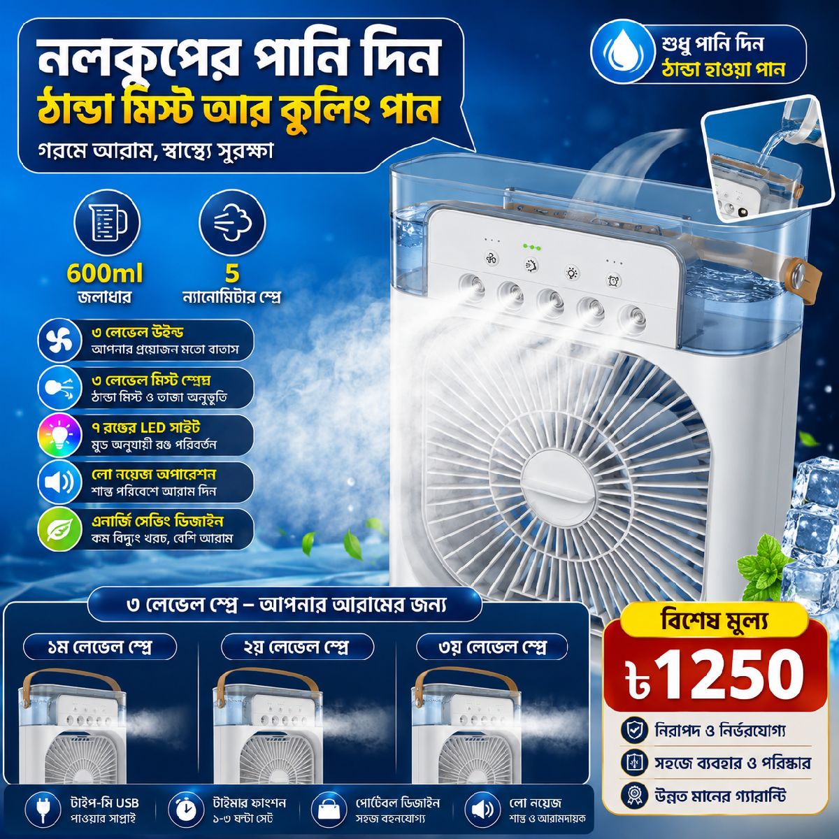 ❄️ ৩-ইন-১ পোর্টেবল এয়ার কুলার মিস্ট ফ্যানগরমের দিনে ঘর, অফিস বা ব্যক্তিগত ব্যবহারের জন্য দারুণ 2