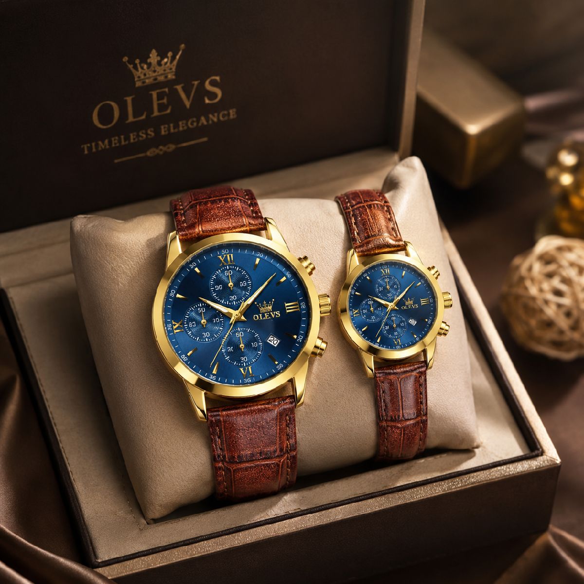 OLEVS Premium Luxury Leather Strap Couple Watch