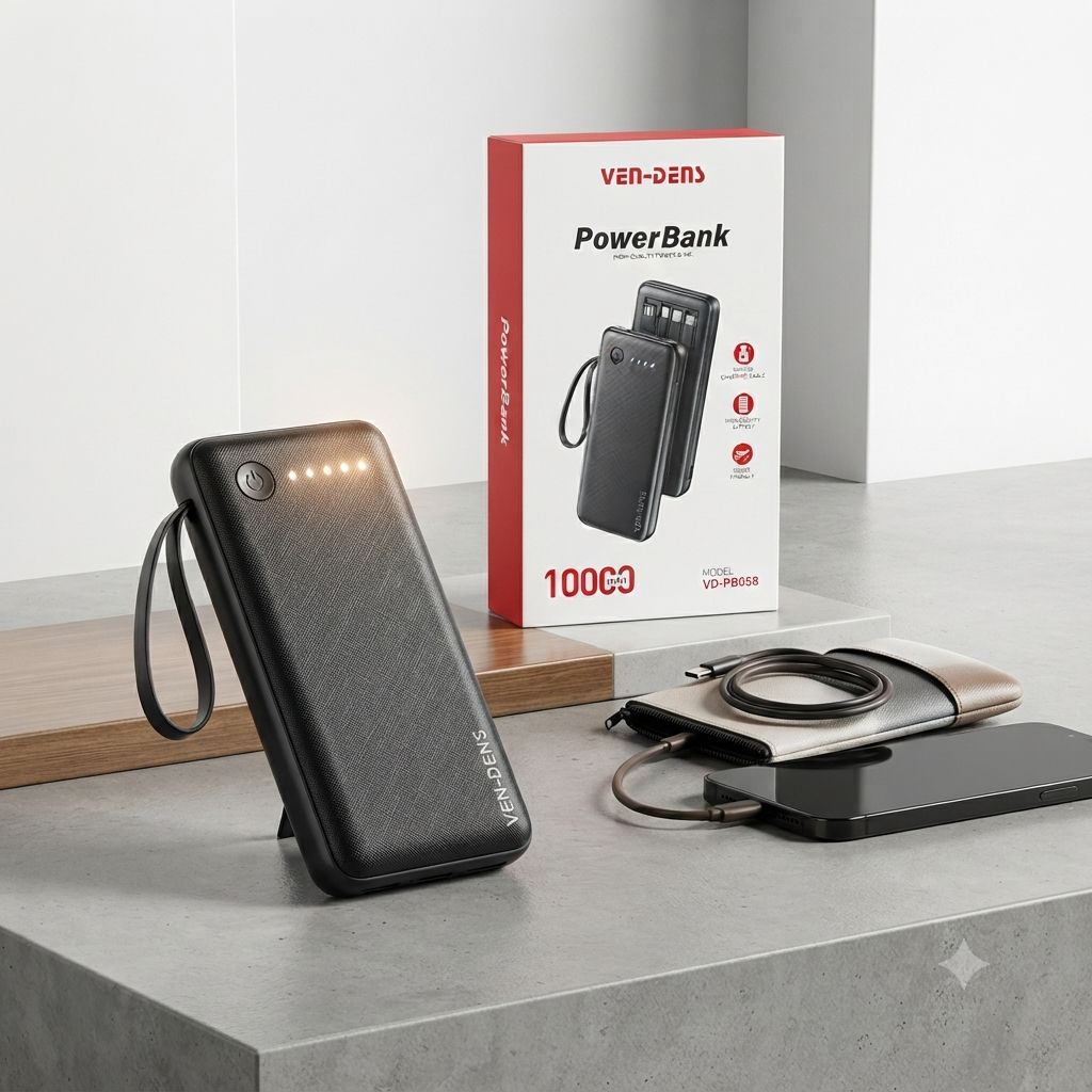 Ven-Dens VD-PB058 10000mAh Built-in Cable Fast Charging Power Bank