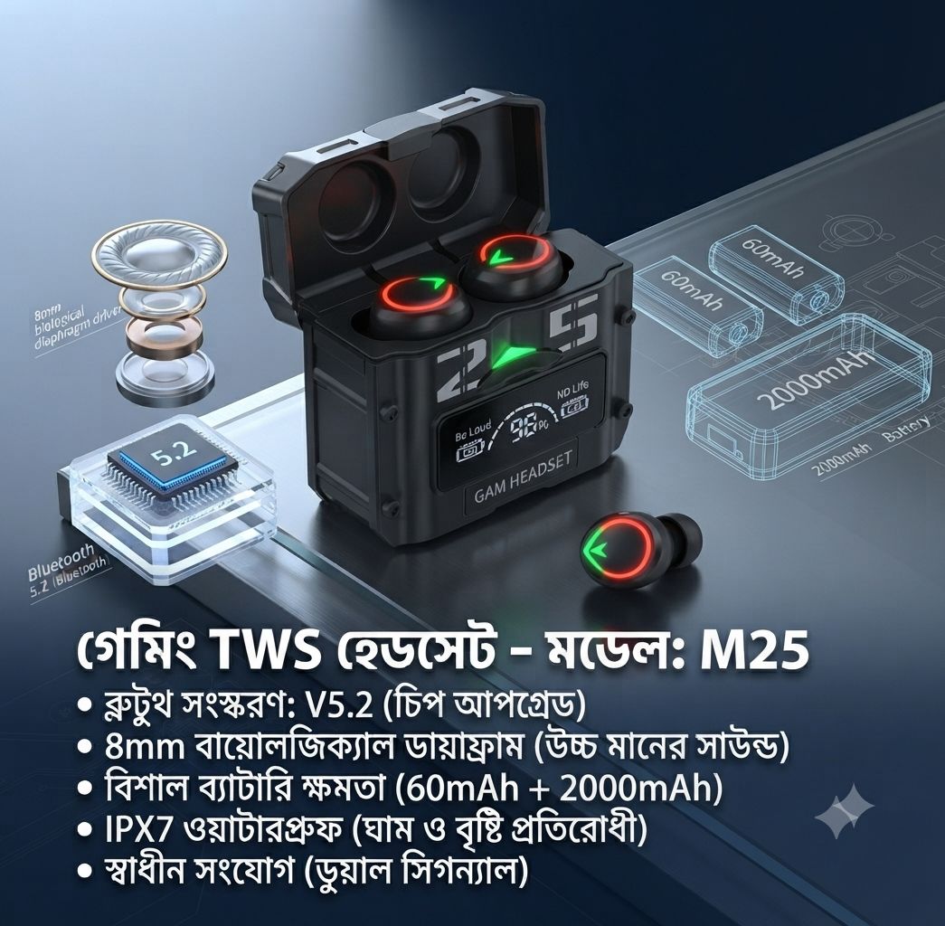 M25 TWS ট্রু ওয়্যারলেস গেমিং ইয়ারবাড - ২০০০mAh পাওয়ার ব্যাংক কেস ও IPX7 ওয়াটারপ্রুফ 3