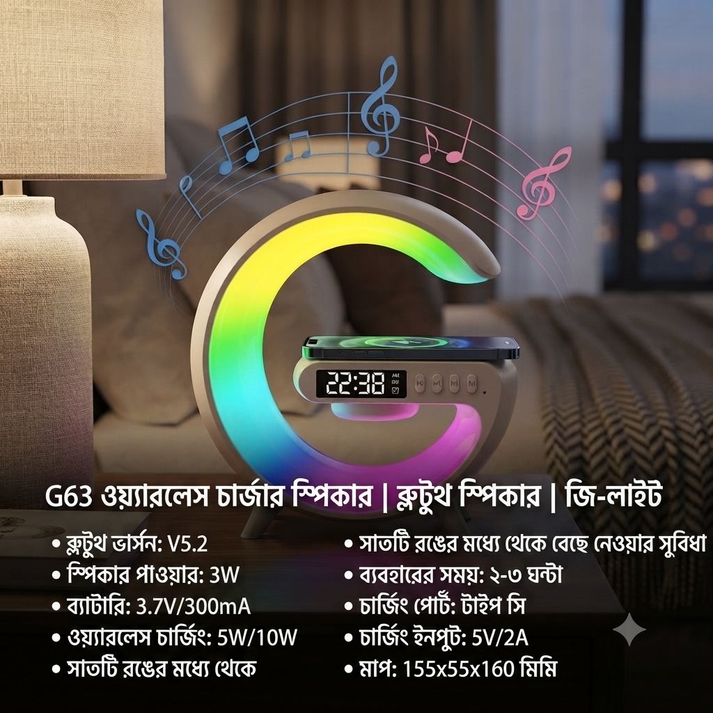 G63 4-ইন-1 মাল্টিফাংশনাল ব্লুটুথ স্পিকার ও 10W ওয়্যারলেস চার্জার সাথে RGB নাইট লাইট 3