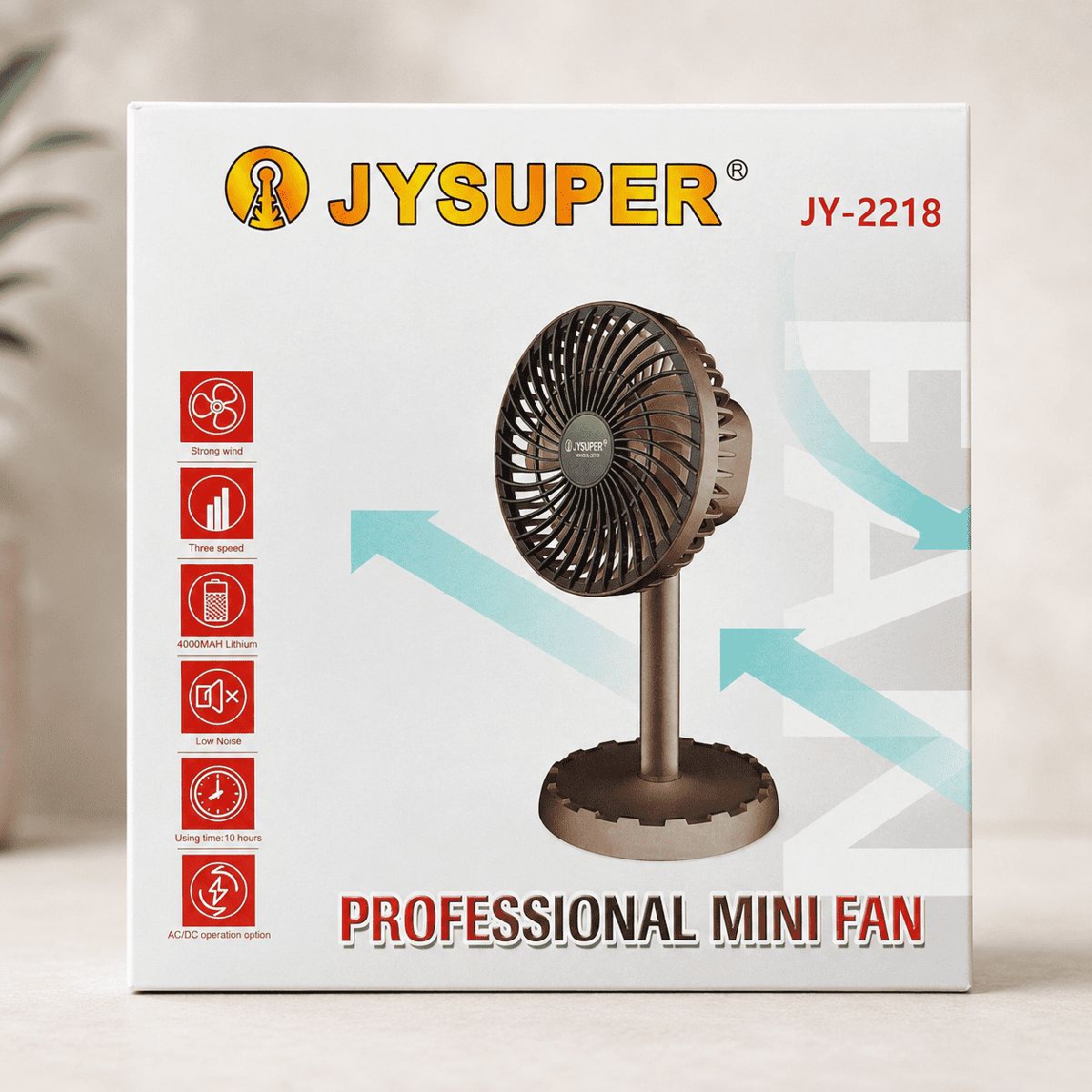 JYSUPER JY-2218 Rechargeable Mini Table Fan 12.5 Inch – 4000mAh Battery, 3 Speed, USB Type-C & Type-B Charging-জয়সুপার জে ওয়াই ২২১৮ রিচার্জেবল মিনি টেবিল ফ্যান