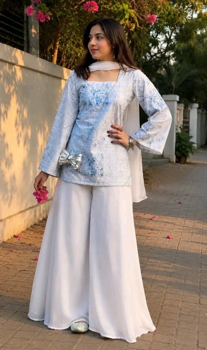 Western 3-Piece Set – Flowy White Palazzo with Top & Dupatta