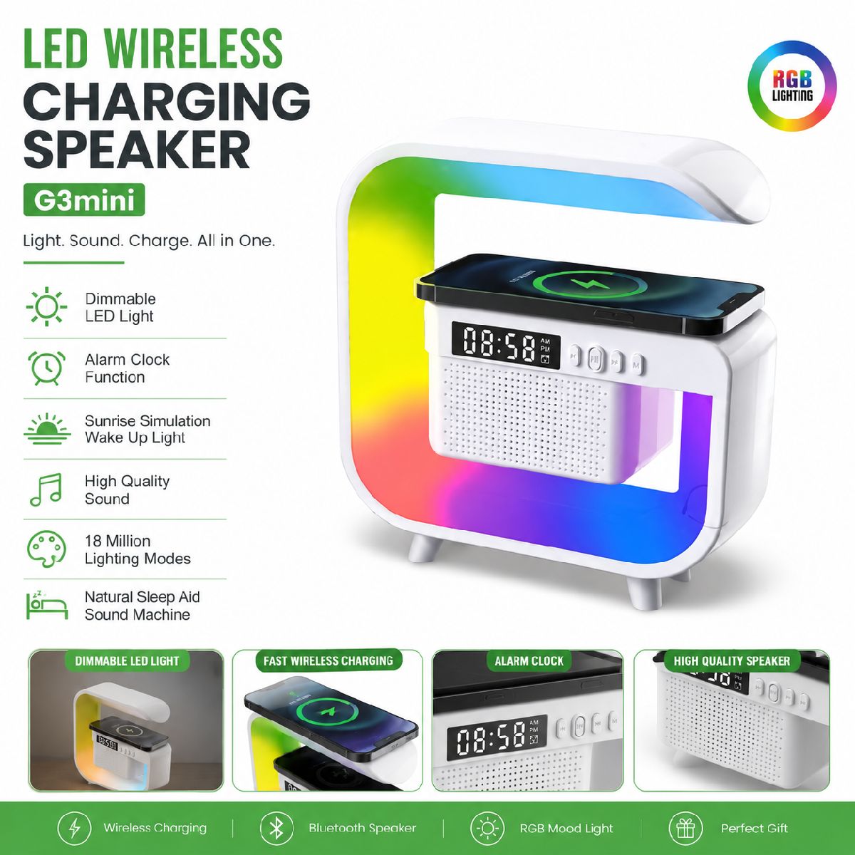 G3 Mini Smart Light Bluetooth Speaker | RGB Night Light + Wireless Charger + Digital Alarm Clock
