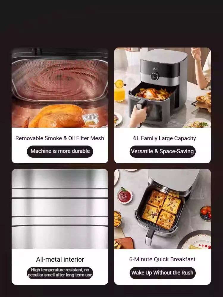 TQIU Air Fryer S4 Digital Control Panel 6L Double Heating 3