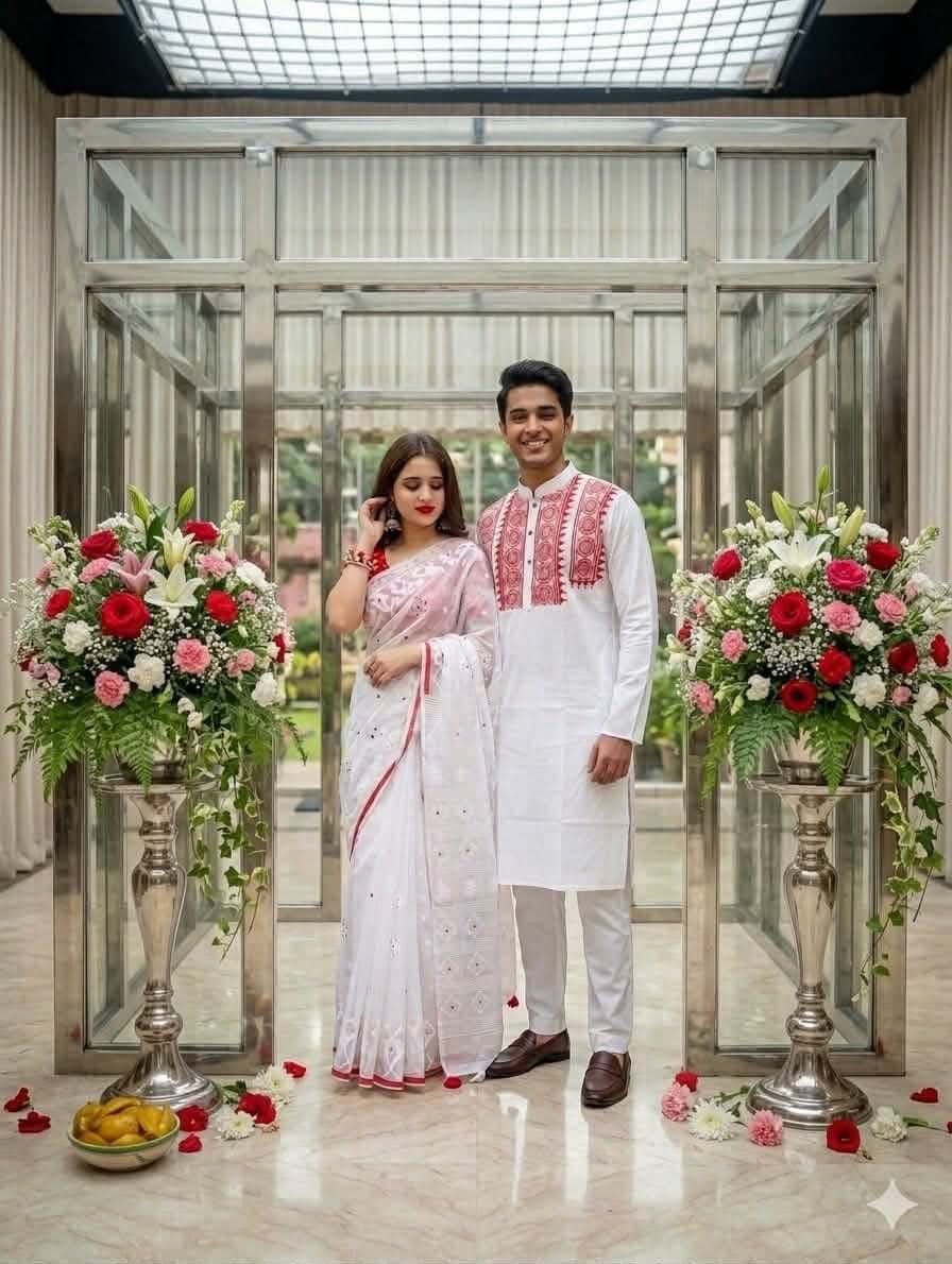 পূজা স্পেশাল লাল-সাদা কাপল শাড়ি-পাঞ্জাবি সেট | দুর্গাপূজার কাপল ড্রেস