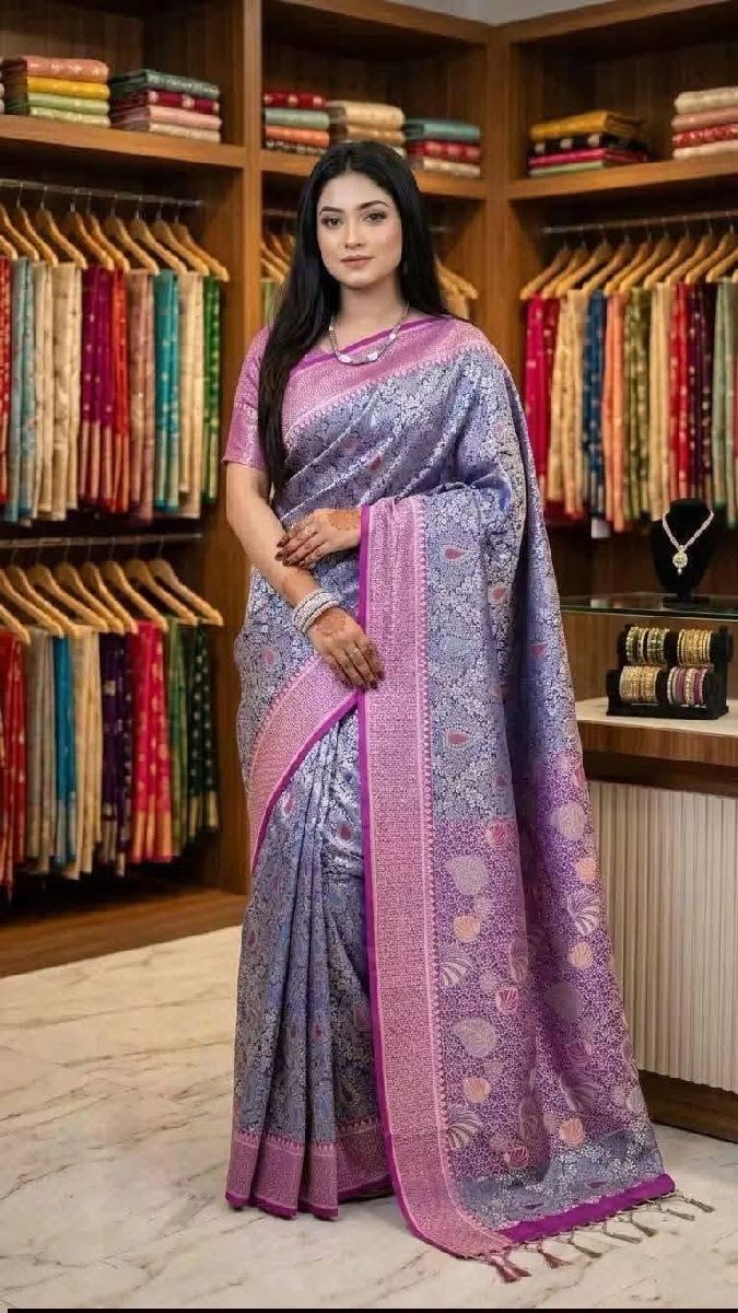 ✨ Premium Lavender Silk Brocade Saree with Striking Magenta-Pink Zari Border & Pallu