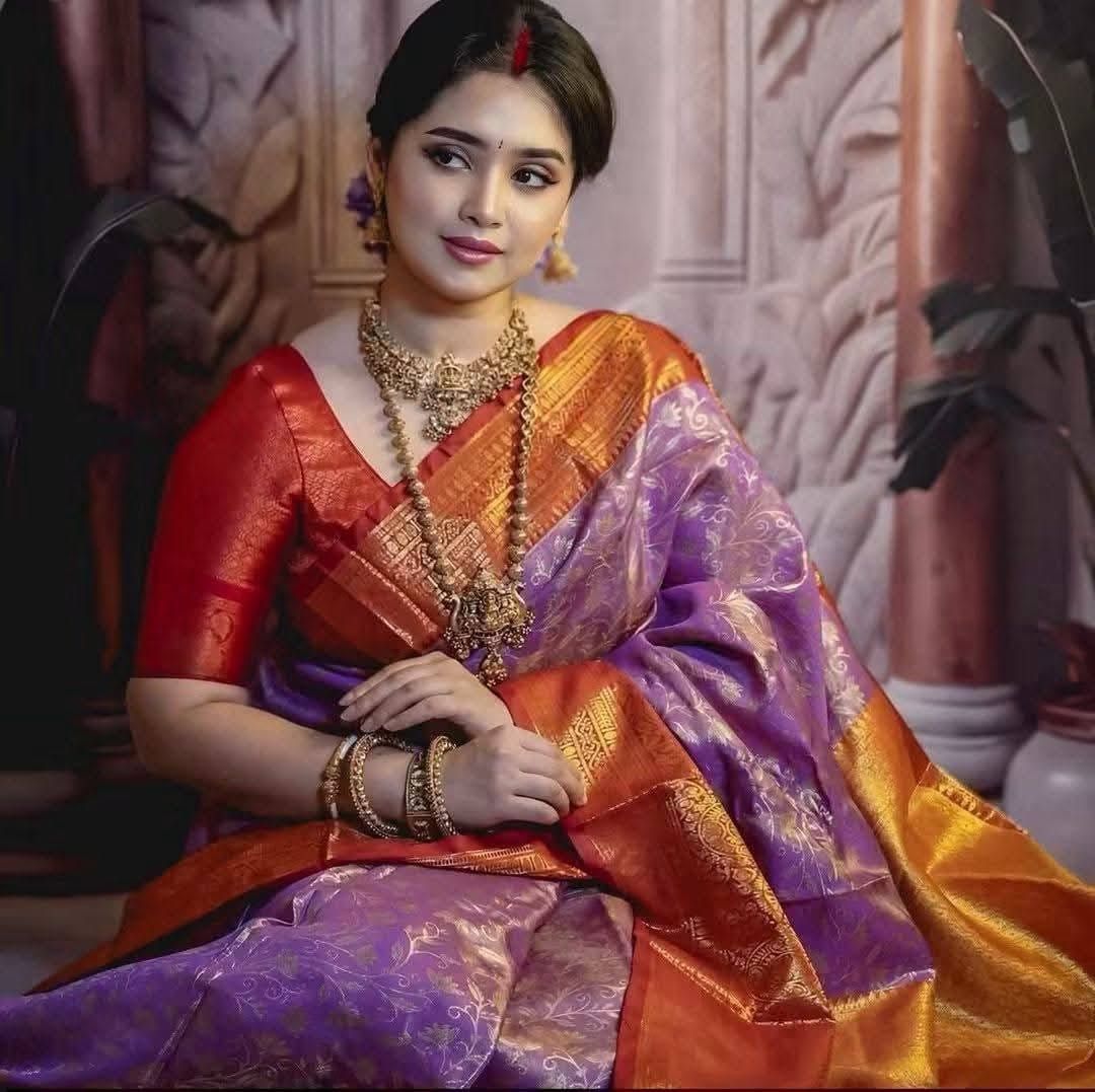 Premium Purple Kanjivaram Silk Saree with Striking Orange & Golden Zari Border with Deep Red Blouse