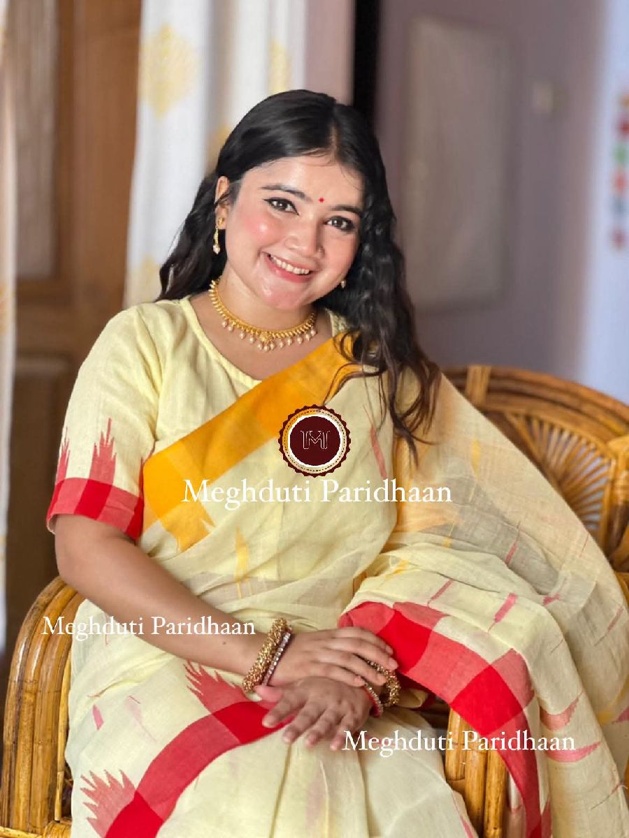 Monipuri sharee Off white Yellow Red Gonga Jamuna