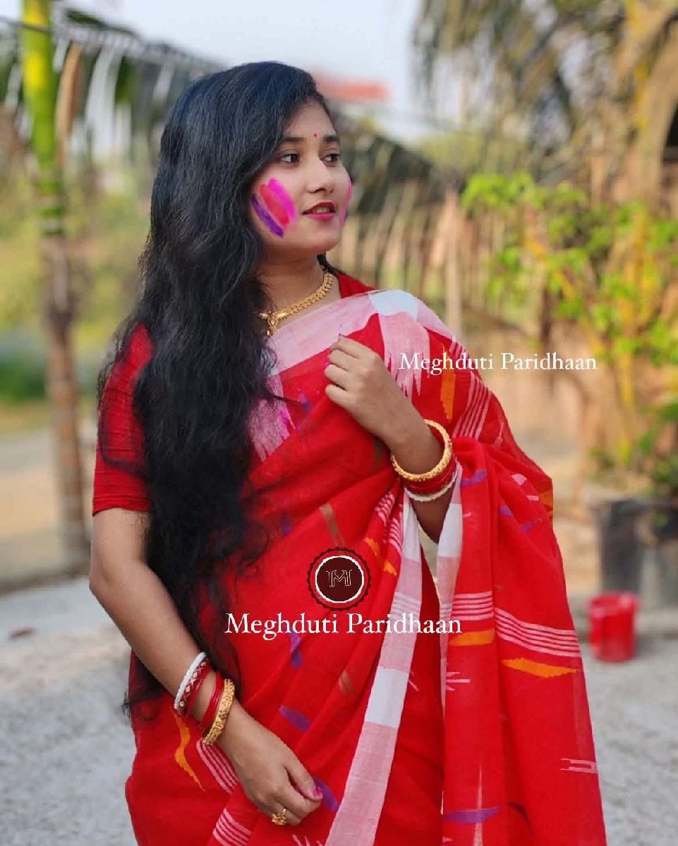 Monipuri Sharee Red White Multi color