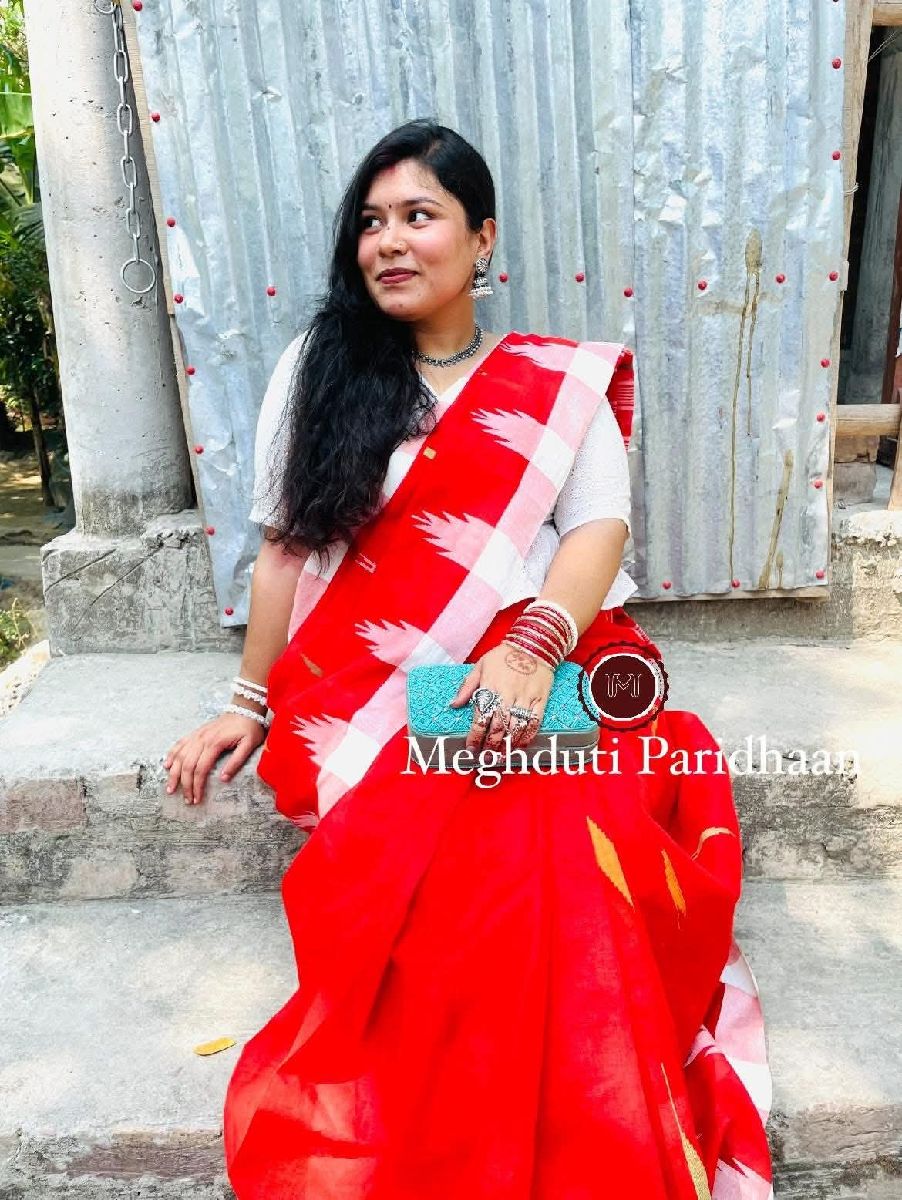 Monipuri Sharee Red White Matching 3