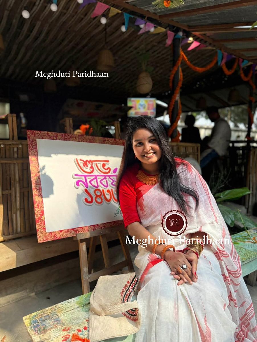 Monipuri Sharee White Red Matching 3