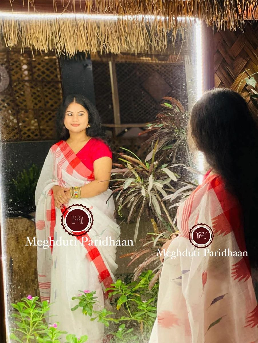 Monipuri Sharee White Red Multi 2