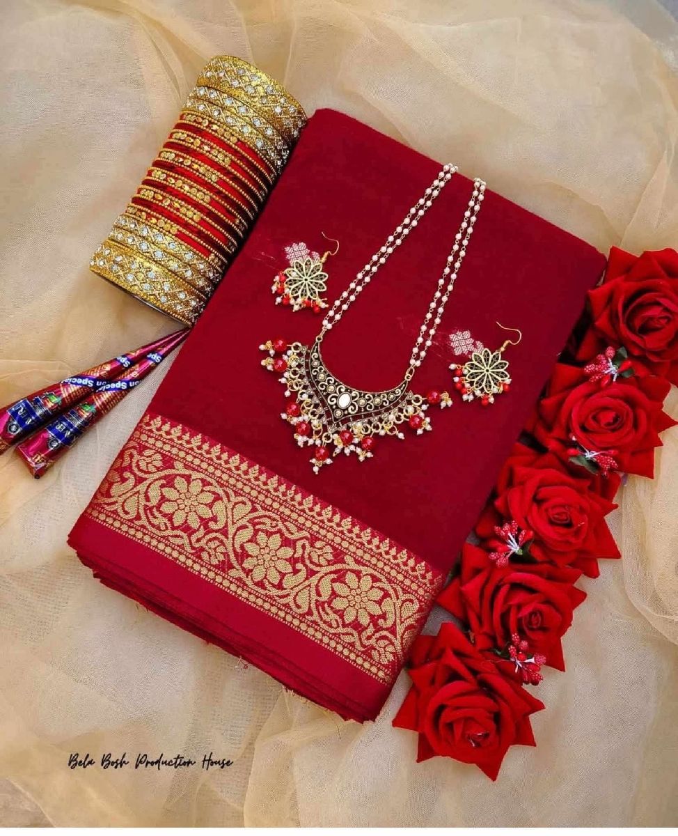 Royal Red Saree with Jewelry & Gift Combo Package