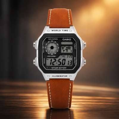 Casio Illuminator Vintage Digital Leather Strap Watch – World Map Display, Long Battery Life, Water Resistant, Formal & Casual Wristwatch with Premium Gift Box & Extra Batteries 3