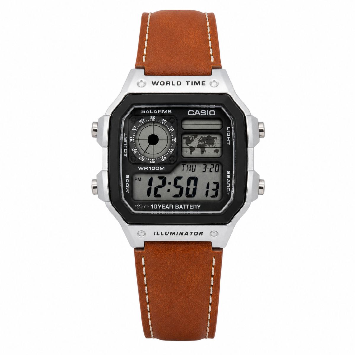 Casio Illuminator Vintage Digital Leather Strap Watch – World Map Display, Long Battery Life, Water Resistant, Formal & Casual Wristwatch with Premium Gift Box & Extra Batteries 2
