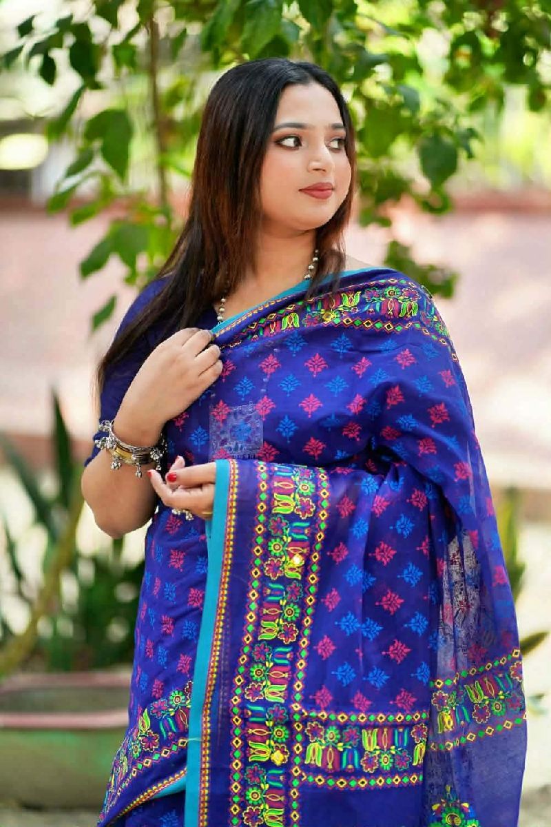 Royal Blue Screen Print & Embroidery Boutique Saree 2