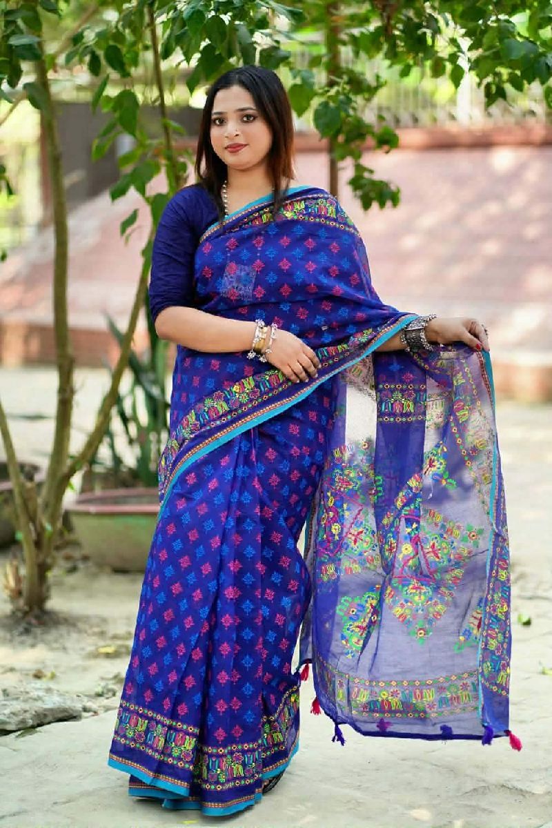 Royal Blue Screen Print & Embroidery Boutique Saree