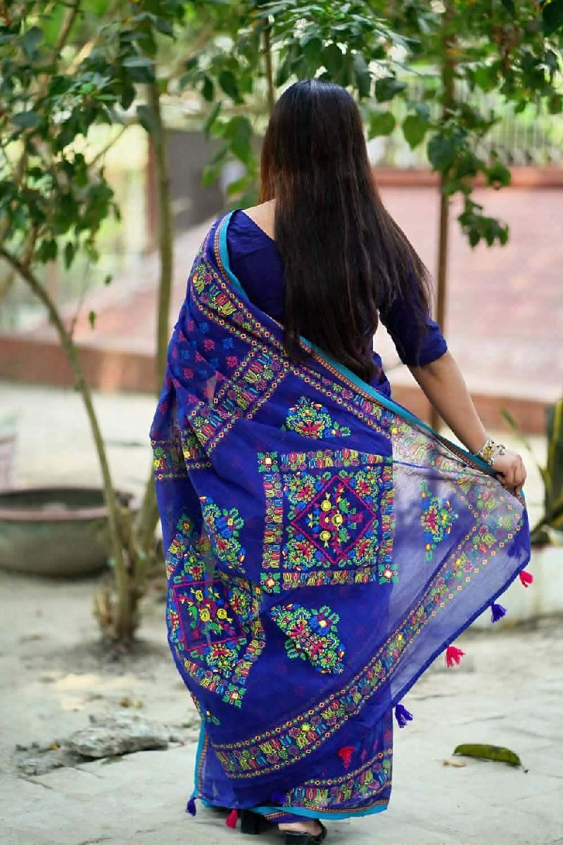 Royal Blue Screen Print & Embroidery Boutique Saree 3