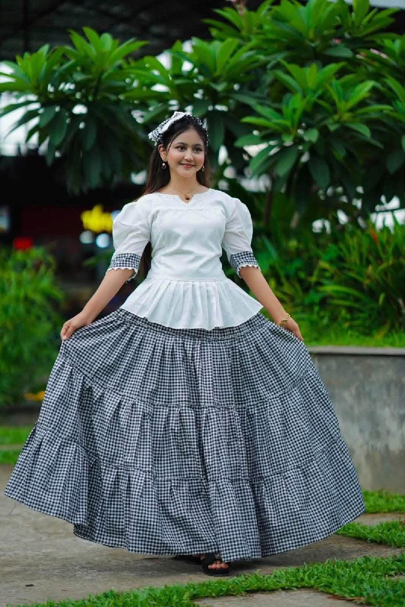 Stylish Pure Cotton Check Skirt, Top & Bandana 3-Piece Combo Set