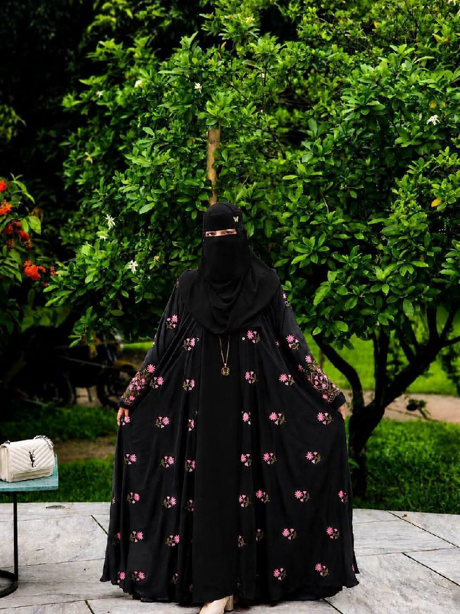 Pinky Embroidery Dubai Cherry Abaya Set (Koti + Inner + Hijab) 3
