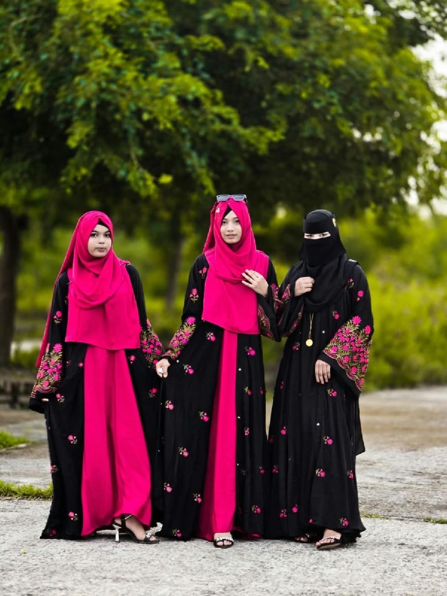 Pinky Embroidery Dubai Cherry Abaya Set (Koti + Inner + Hijab)