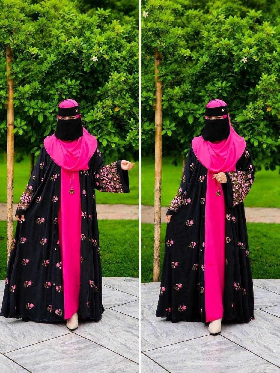 Pinky Embroidery Dubai Cherry Abaya Set (Koti + Inner + Hijab)