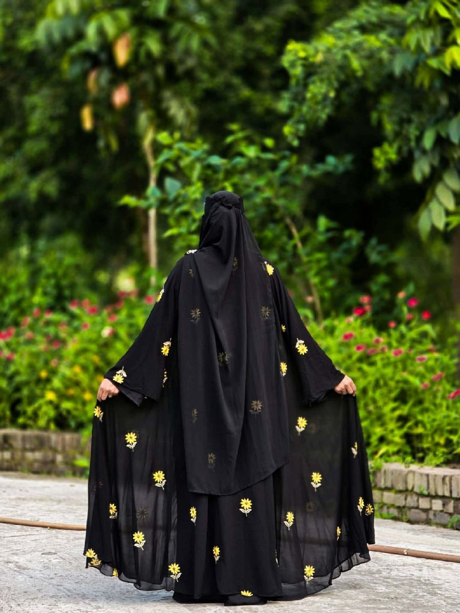 Sunflower Embroidery Dubai Cherry Abaya Full Set (Koti + Inner + Hijab) 3