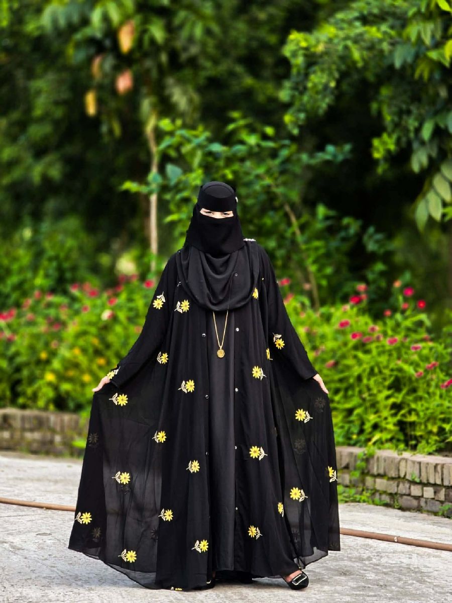 Sunflower Embroidery Dubai Cherry Abaya Full Set (Koti + Inner + Hijab)