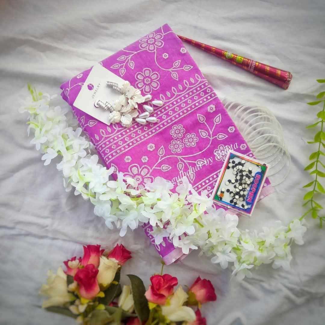 Traditional Magenta Printed Saree Puja Special Combo Box with Accessories