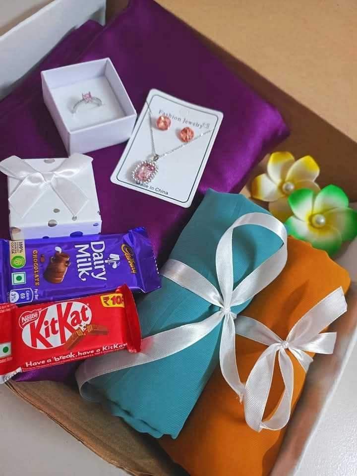 Japanese Silk Saree Gift Combo Box with Jewelry, Chocolate & Hijab Accessories