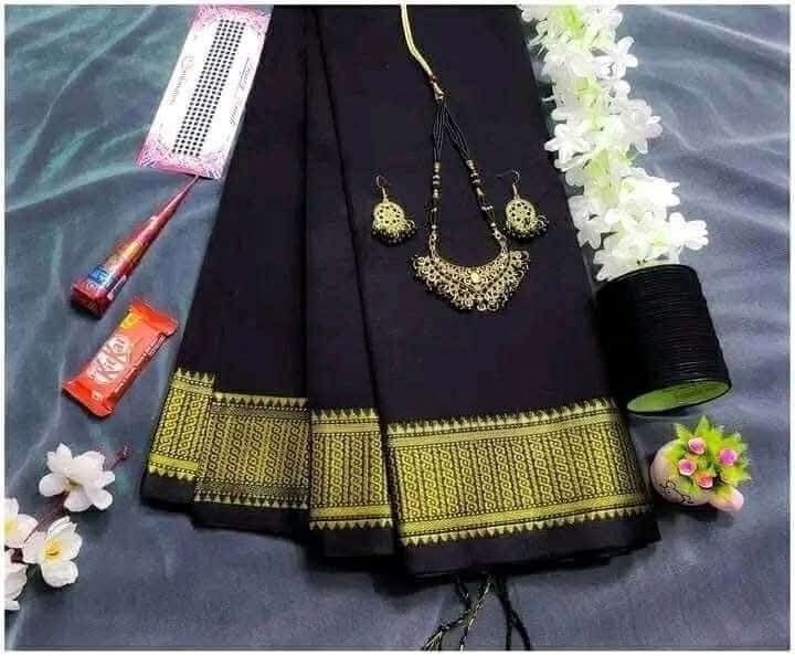 Exclusive Jet Black Cotton Saree Combo Package with Golden Border, Jewelry & Accessories