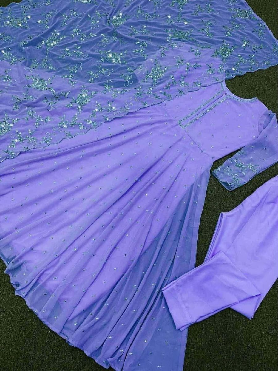 Indian Gujarati Georgette Gown Set with Embroidered Dupatta & Inner Pant