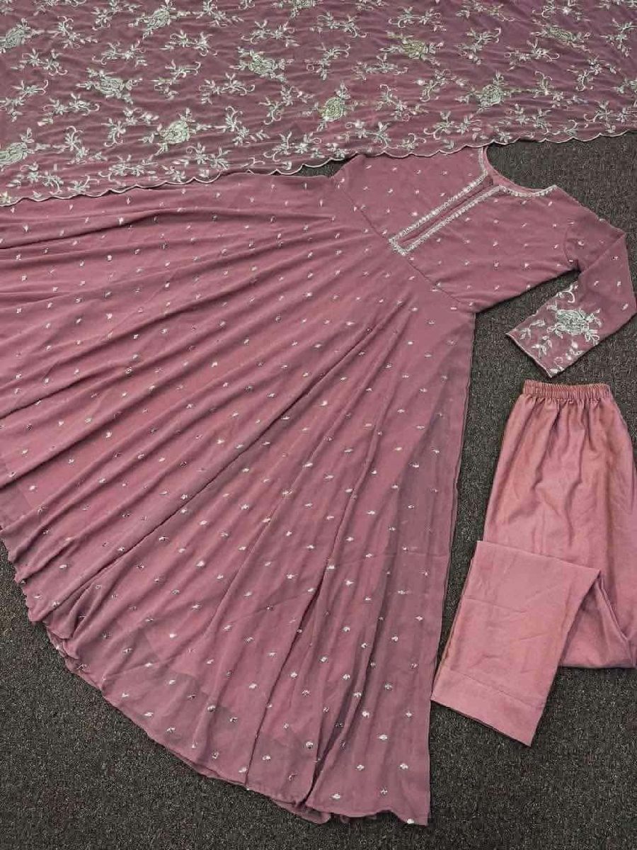 Indian Gujarati Georgette Gown Set with Embroidered Dupatta & Inner Pant 2