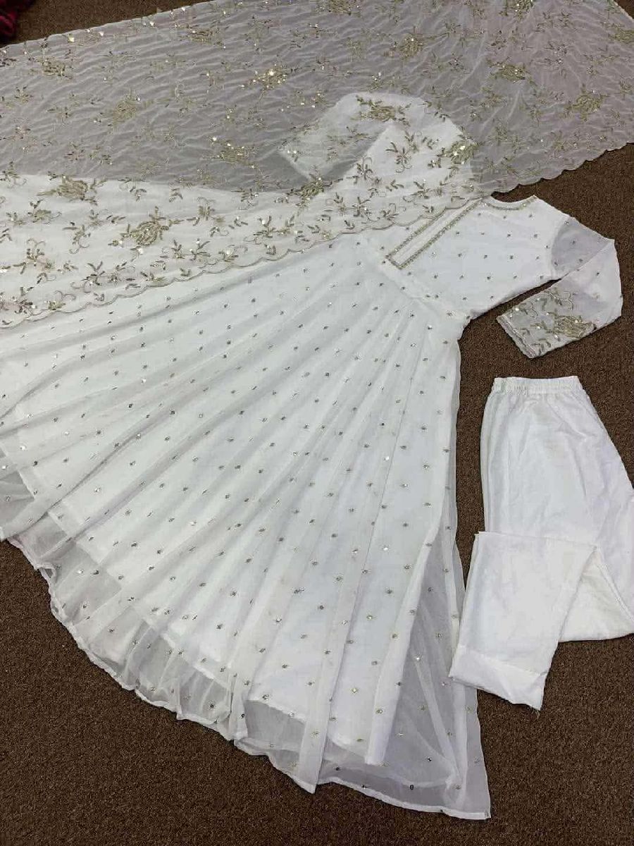 Indian Gujarati Georgette Gown Set with Embroidered Dupatta & Inner Pant 3