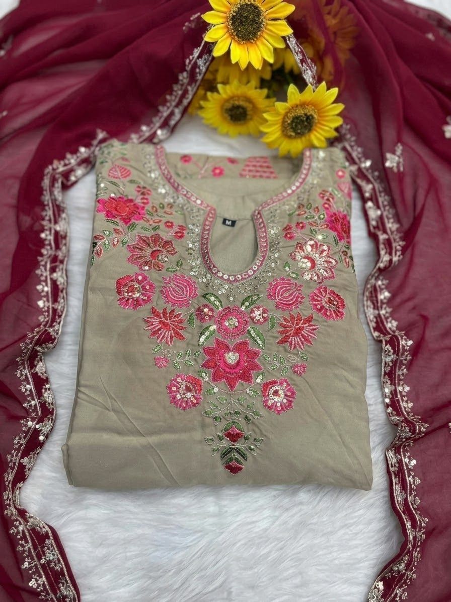 Exclusive Beige & Maroon Cotton Embroidered Party Salwar Kameez Set with Georgette Dupatta 2
