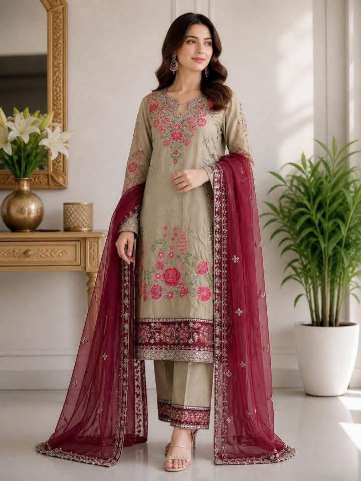 Exclusive Beige & Maroon Cotton Embroidered Party Salwar Kameez Set with Georgette Dupatta
