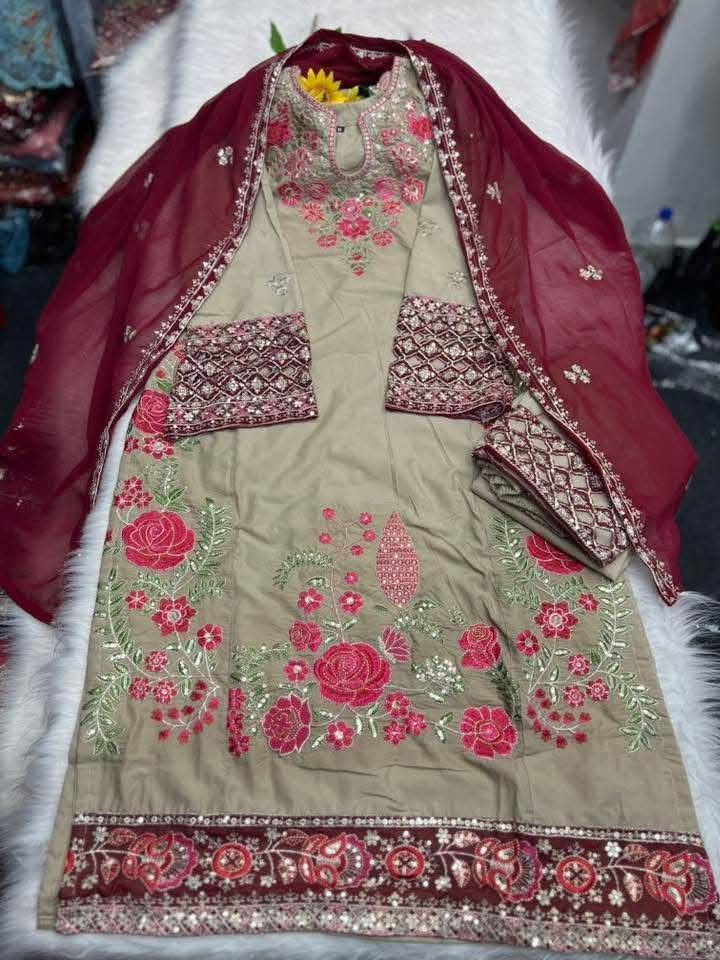 Exclusive Beige & Maroon Cotton Embroidered Party Salwar Kameez Set with Georgette Dupatta 3
