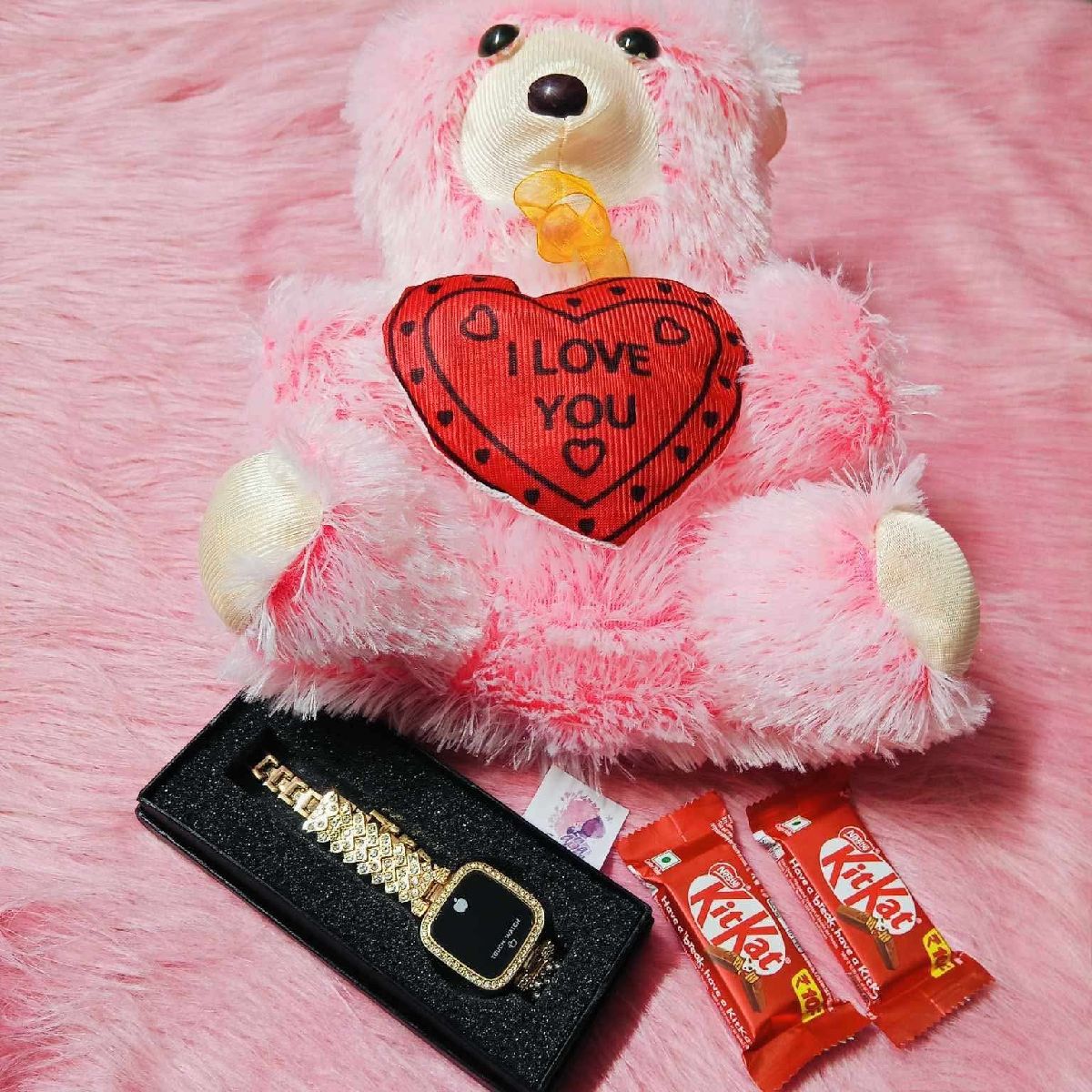 Cute Pink Teddy Bear with Golden LED Watch & KitKat Combo Package (পিংক টেডি, গোল্ডেন ওয়াচ ও কিটকাট গিফট কম্বো)