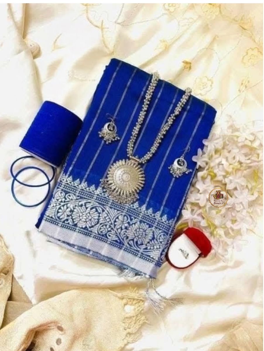 Royal Blue Saree with Oxidized Silver Jewelry, Ring & Bangle Gift Combo (রয়েল ব্লু শাড়ি, সিলভার জুয়েলারি, আংটি ও রেশমি চুড়ি কম্বো)