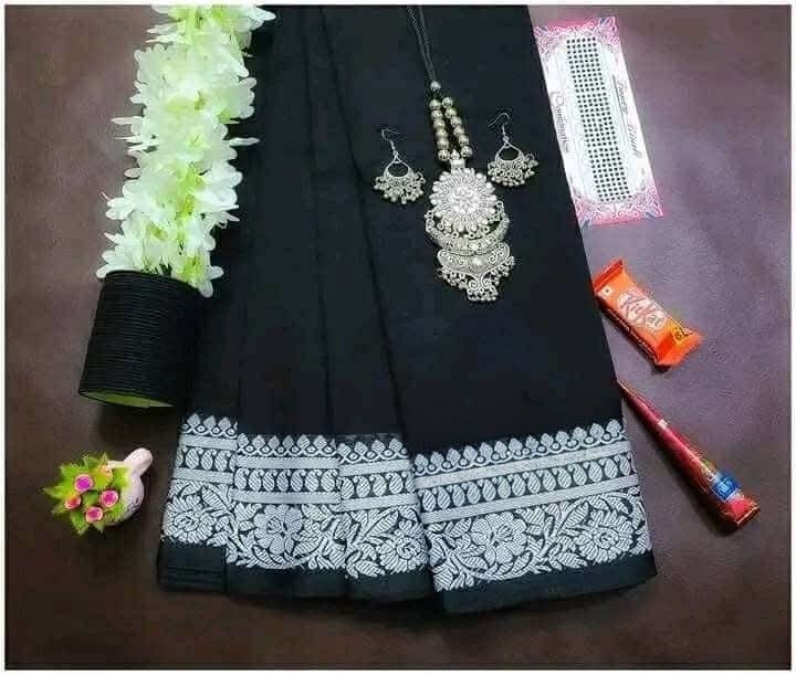 ​Royal Black Saree with Oxidized Silver Jewelry, Bangles & Accessories Gift Combo (রয়েল ব্ল্যাক শাড়ি, সিলভার জুয়েলারি ও ট্র্যাডিশনাল সাজগোজ কম্বো)