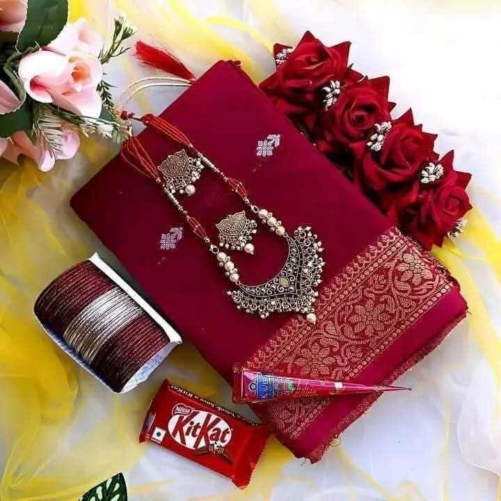 Maroon Traditional Saree with Antique Neckpiece, Earrings, Bangles, Gajra & Chocolate Combo Set (গর্জিয়াস মেরুন ট্র্যাডিশনাল শাড়ি, অ্যান্টিক গহনা ও এক্সেসরিজ অল-ইন-ওয়ান গিফট কম্বো)