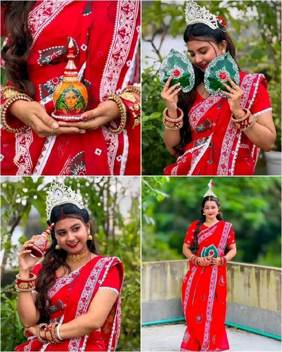 " পূজার সুপার অফার শাড়ী😱😱😱😱স্কিন প্রিন্ট পান পাতা শাড়ি ✅শাড়িতে লেস লাগানো থাকবে ✅১২ হাত শাড়ি✅হাফ সিল্ক কাপড় ✅শাড়ির পাইরে টার্সেল লাগানো থাকবে সুতার ✅১০০% কালার গ্যারান্টি