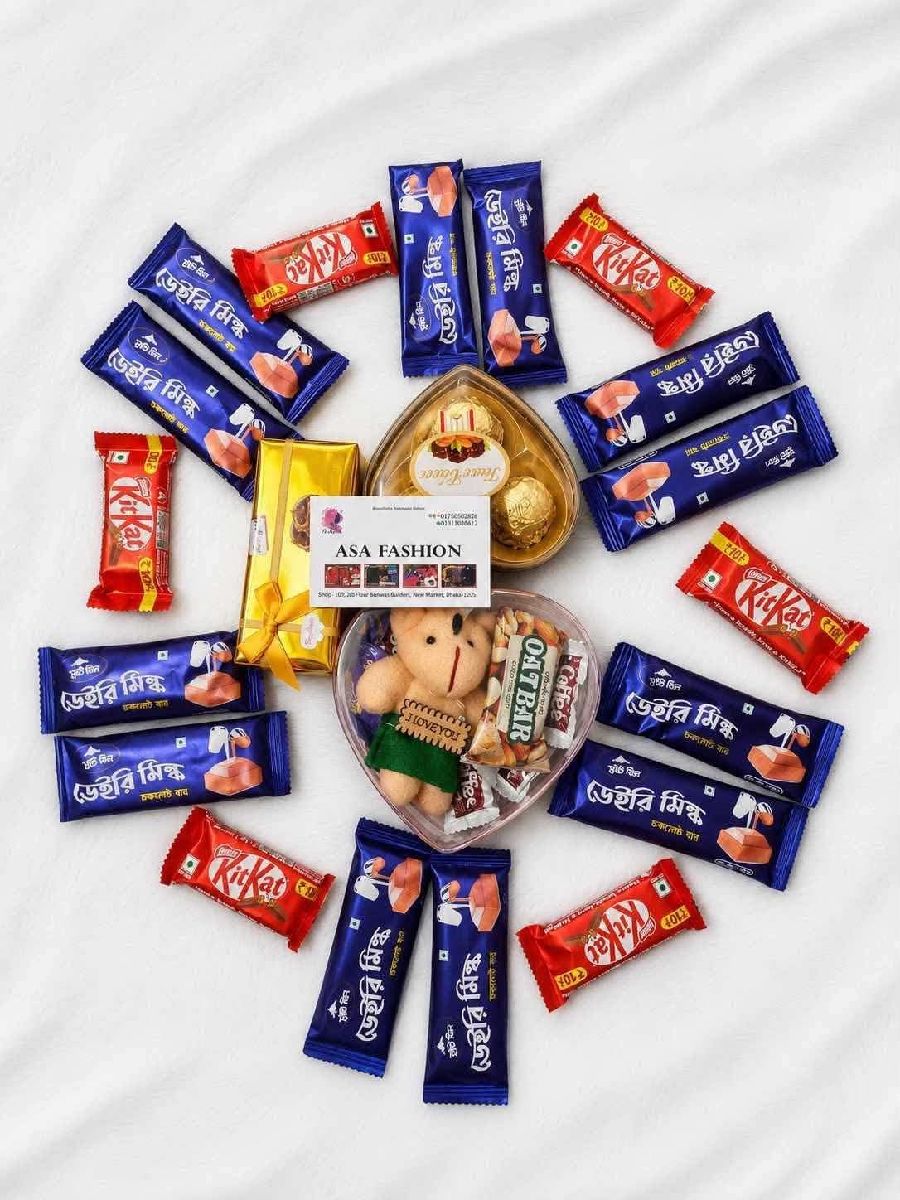 Luxury Heart Chocolate Box Combo with Teddy Bear, Dairy Milk, KitKat & Ferrero Rocher Set (ইউনিক চকোলেট গিফট বক্স উইথ টেডি বেয়ার ও মাল্টি চকোলেট কম্বো)
