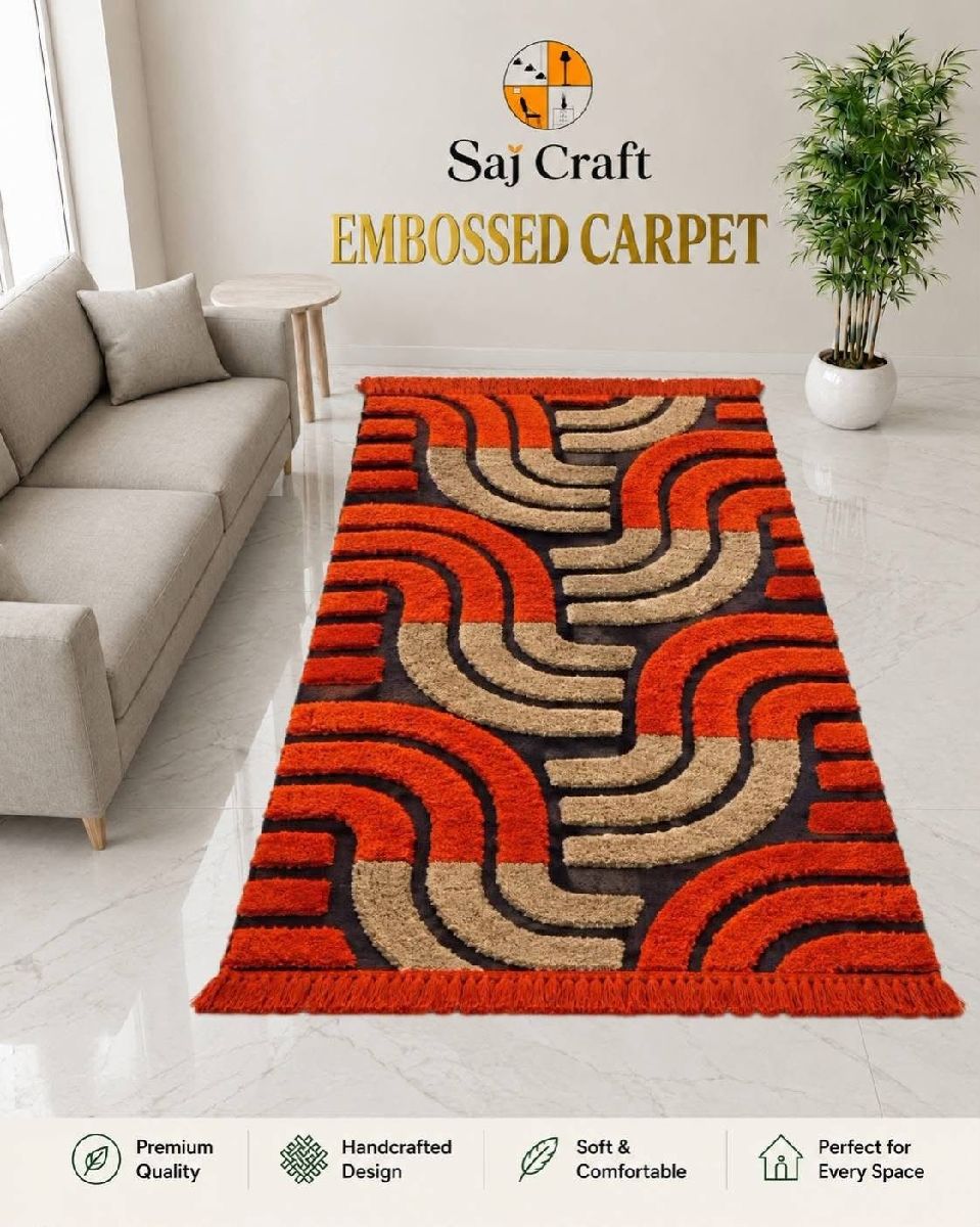 Saj Craft Embossed Handmade Carpet – Premium Orange & Beige Geometric Design