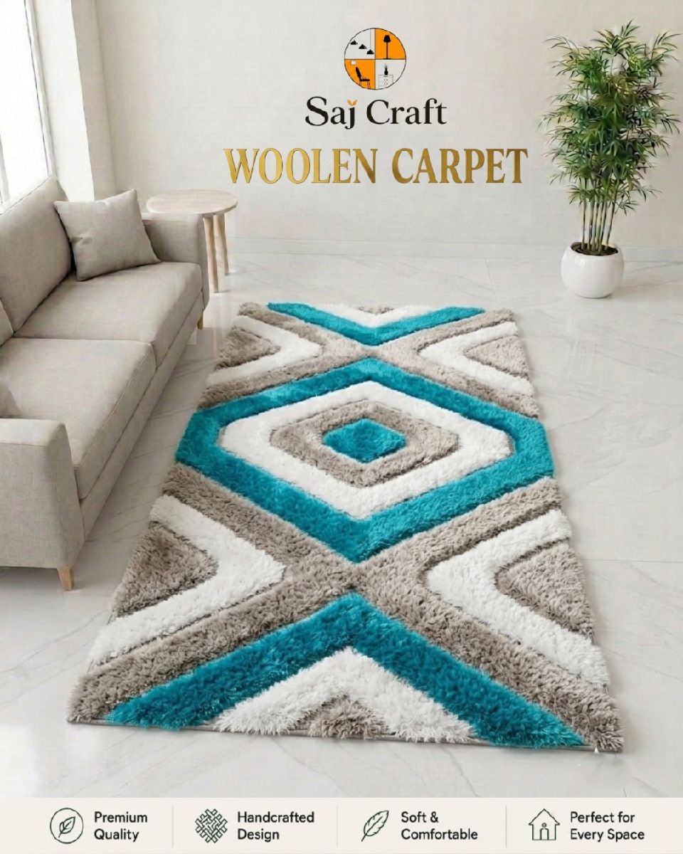 Saj Craft Handmade Woolen Carpet – Premium Geometric Design | Soft & Comfortable Rug